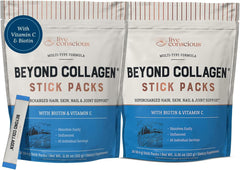 Live Conscious Beyond Collagen packets unflavored for convenient daily use.