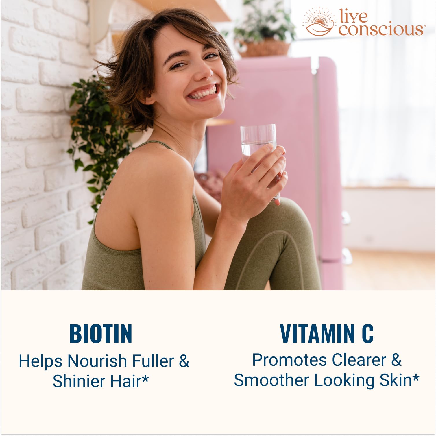 Ingredients close-up of Live Conscious Beyond Collagen with biotin and vitamin C