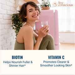 Ingredients close-up of Live Conscious Beyond Collagen with biotin and vitamin C