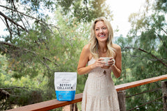Spoon resting on counter with Live Conscious Beyond Collagen powder ready to use