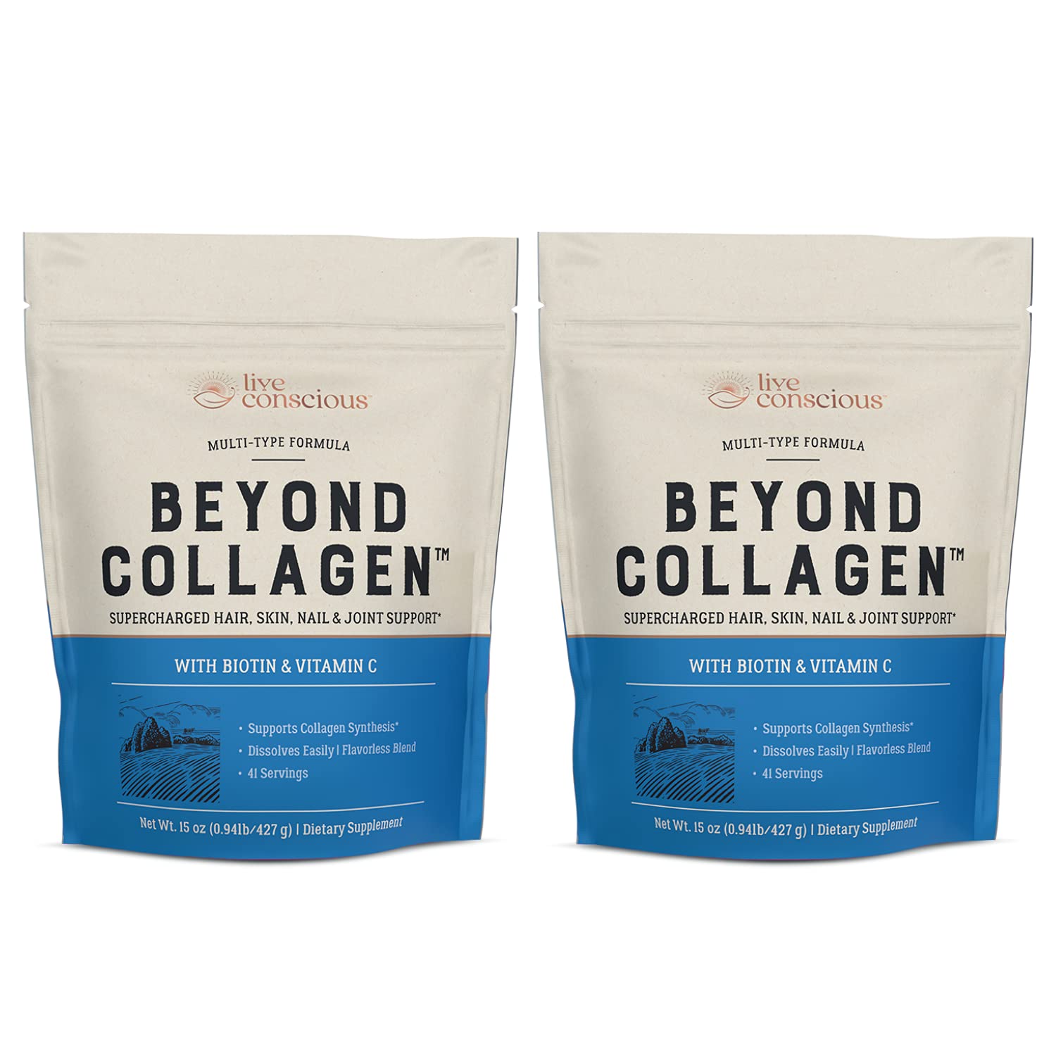 Live Conscious Beyond Collagen powder tub front showing the five collagen types and clean design