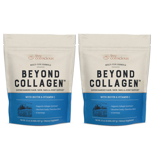 Live Conscious Beyond Collagen powder tub front showing the five collagen types and clean design