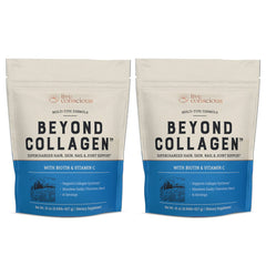 Live Conscious Beyond Collagen powder tub front showing the five collagen types and clean design