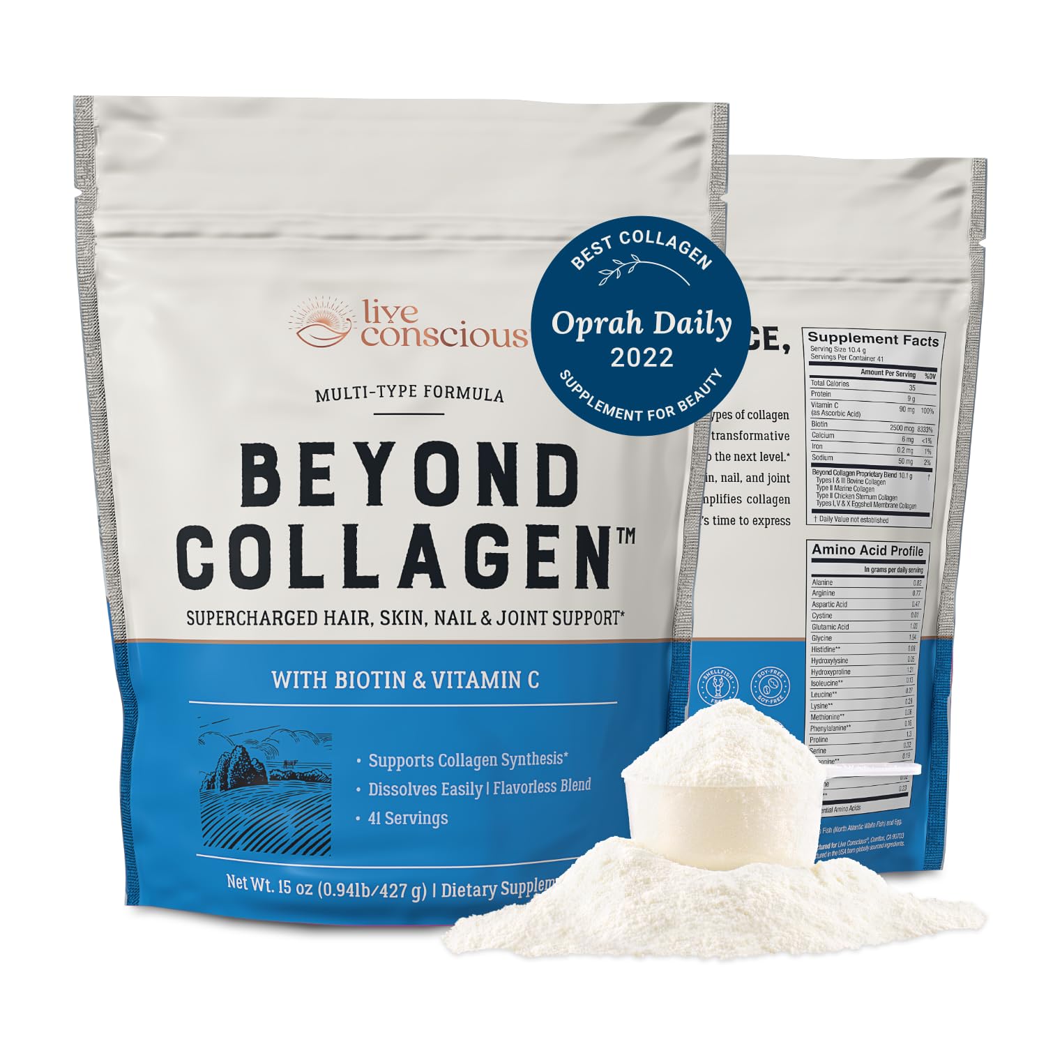 Live Conscious Beyond Collagen powder tub showing 41 servings for skin, hair, and nails support
