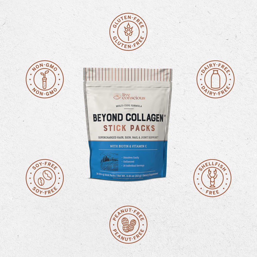 This photo captures a clear beverage with Live Conscious Beyond Collagen dissolved for a smooth texture.