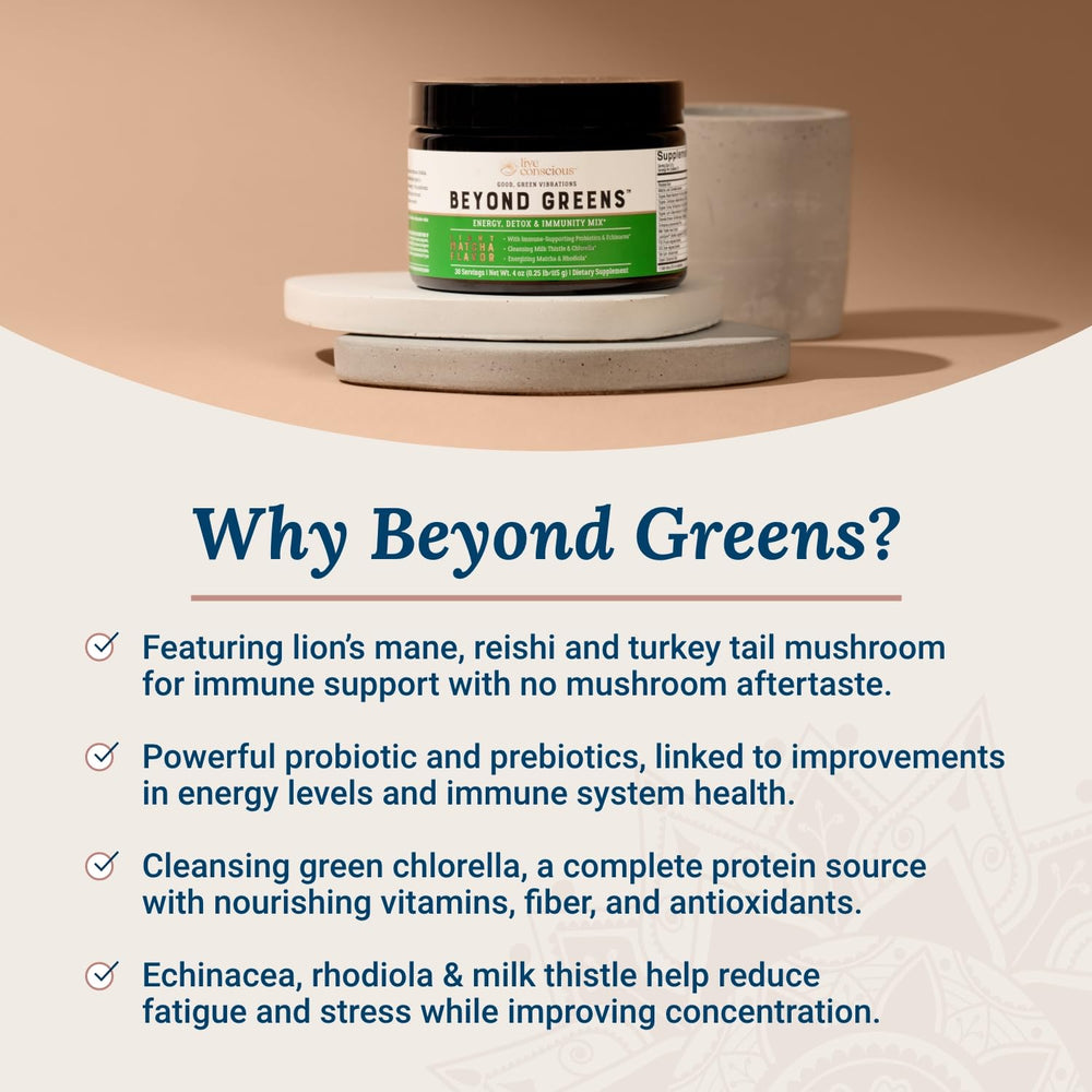 Live Conscious Beyond Greens glass shake with ready-to-drink matcha.
