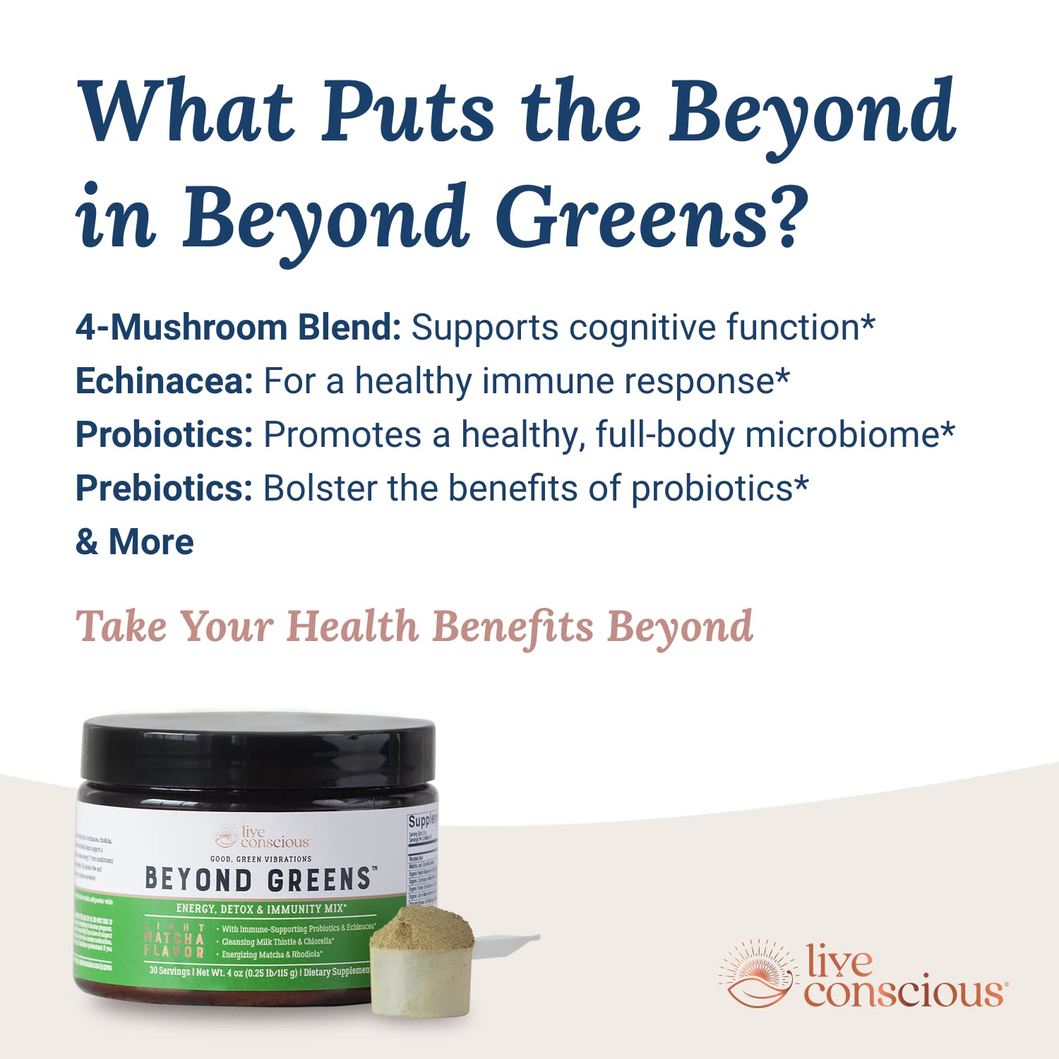 Live Conscious Beyond Greens ingredients panel with chlorella and mushrooms.