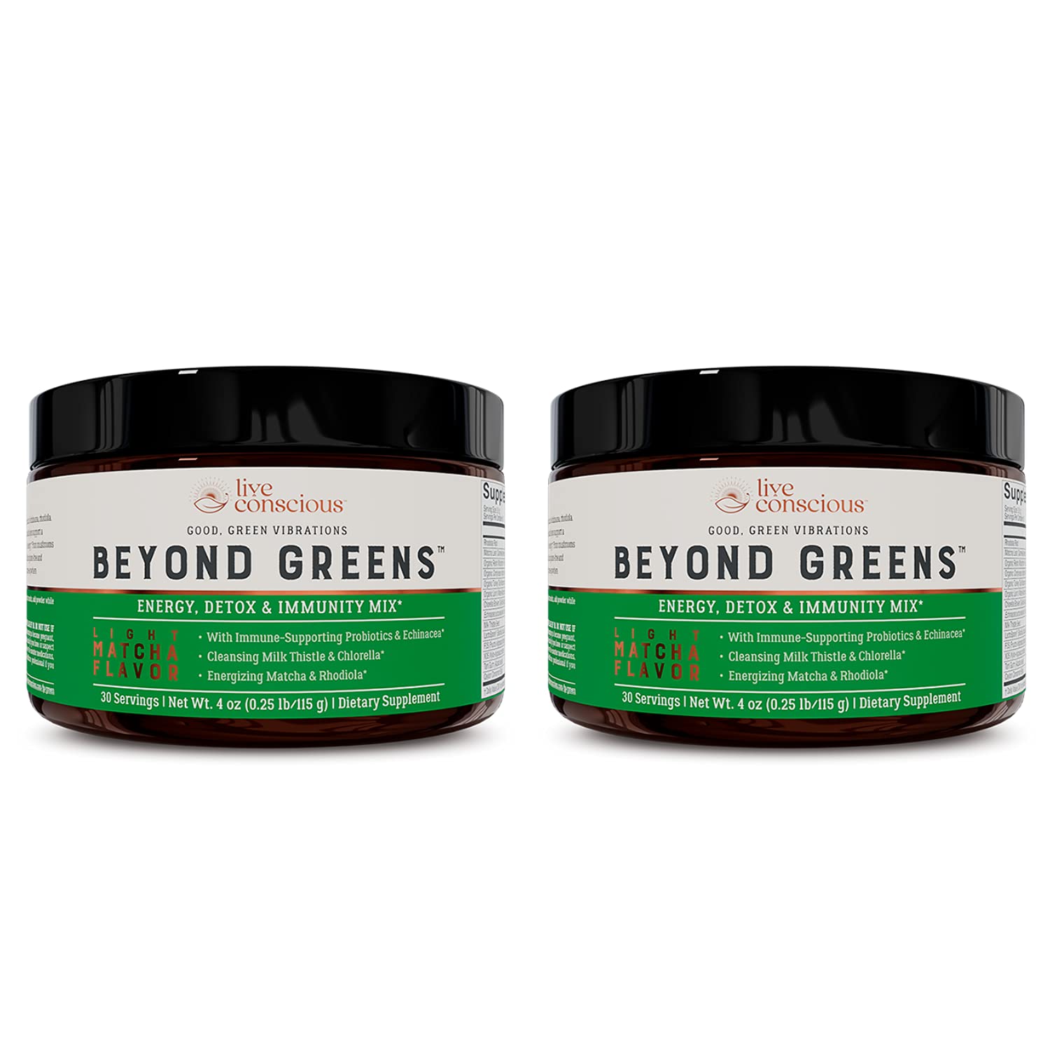 Live Conscious Beyond Greens matcha bottle ready to mix for daily energy.