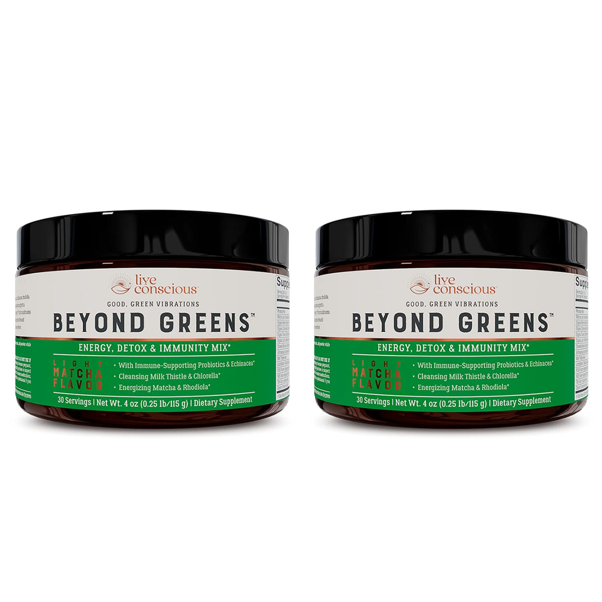 Live Conscious Beyond Greens matcha bottle ready to mix for daily energy.