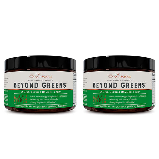 Live Conscious Beyond Greens matcha bottle ready to mix for daily energy.