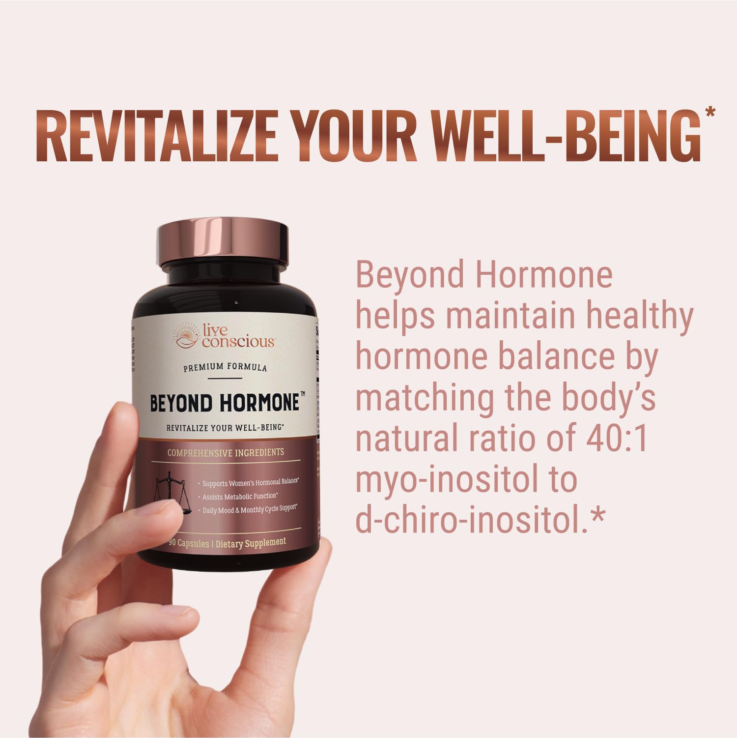 Live Conscious Beyond Hormone bottle close-up showing label and ingredients.