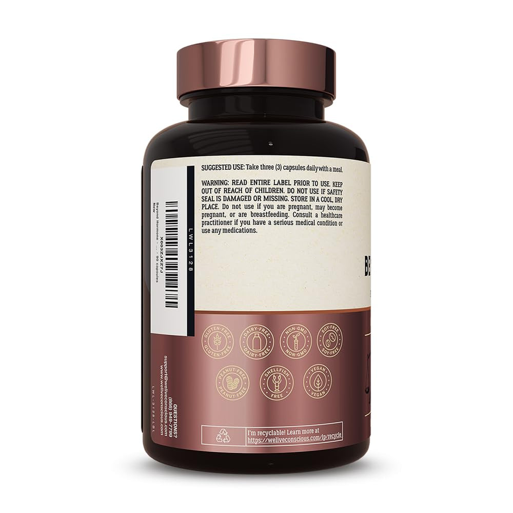 Live Conscious Beyond Hormone box displays 90-count bottle.