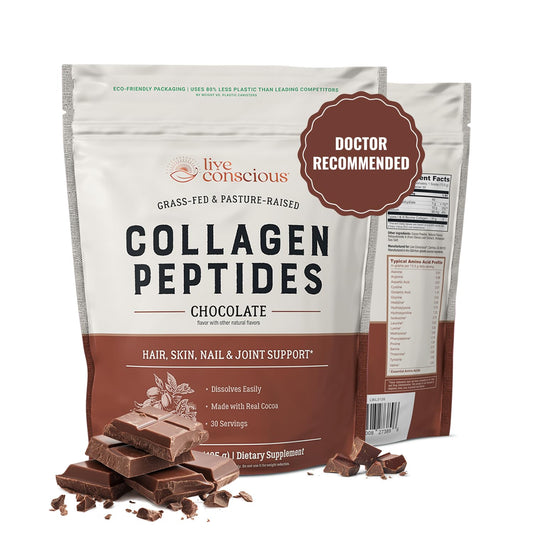 Live Conscious Collagen Peptides Chocolate jar front, daily beauty and joint support