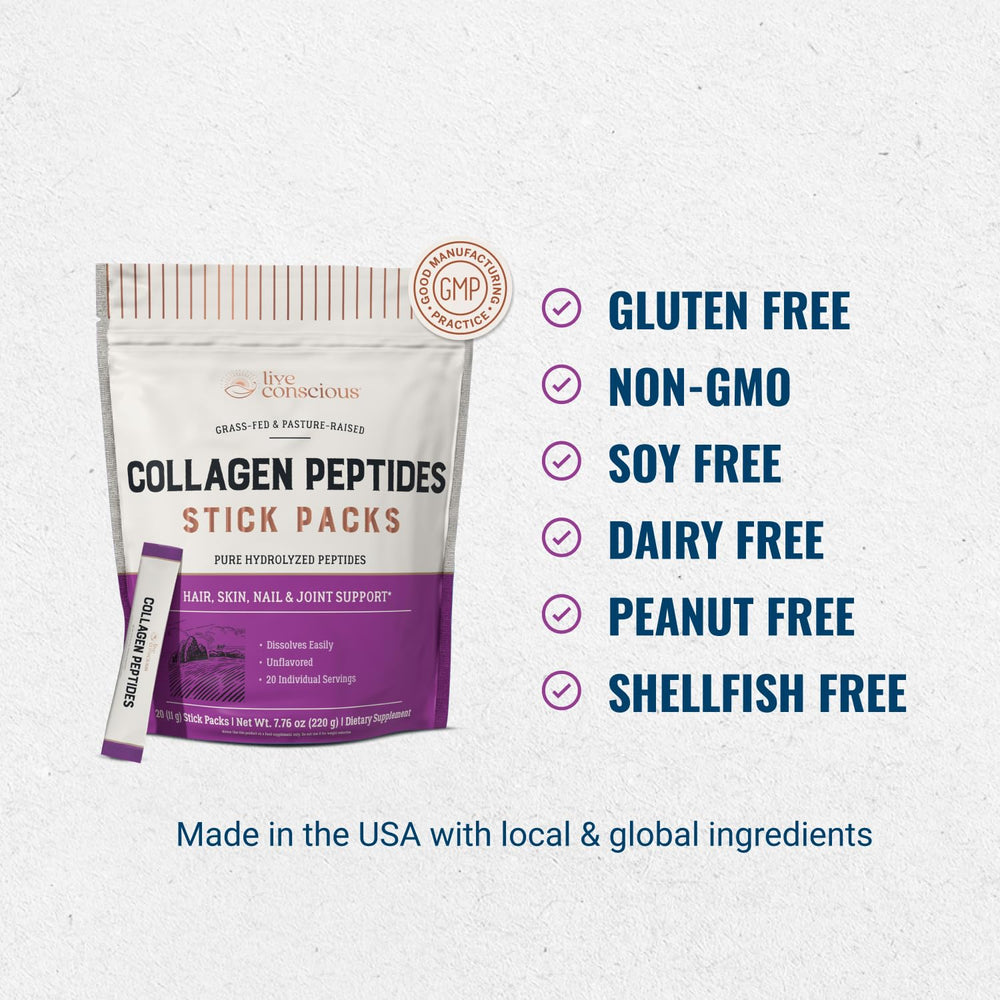 Live Conscious Collagen Peptides grass-fed origin signals quality.