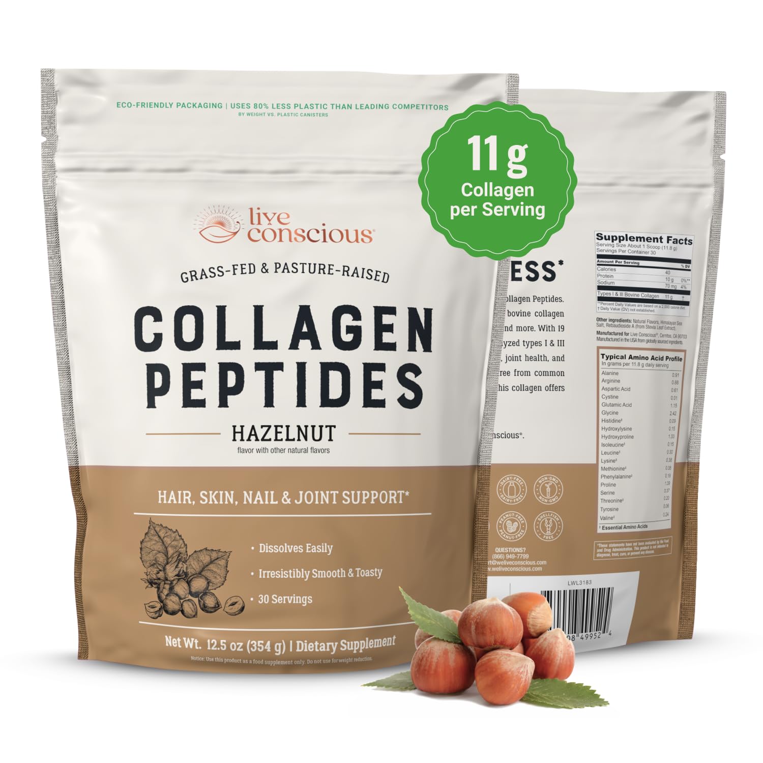 Live Conscious Collagen Peptides Hazelnut canister – premium powder for skin, hair and nails