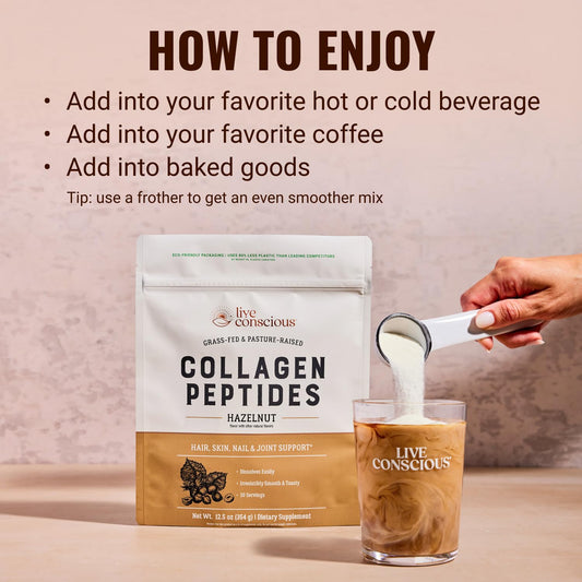 Live Conscious Collagen Peptides Hazelnut powder scoop – easy daily serving