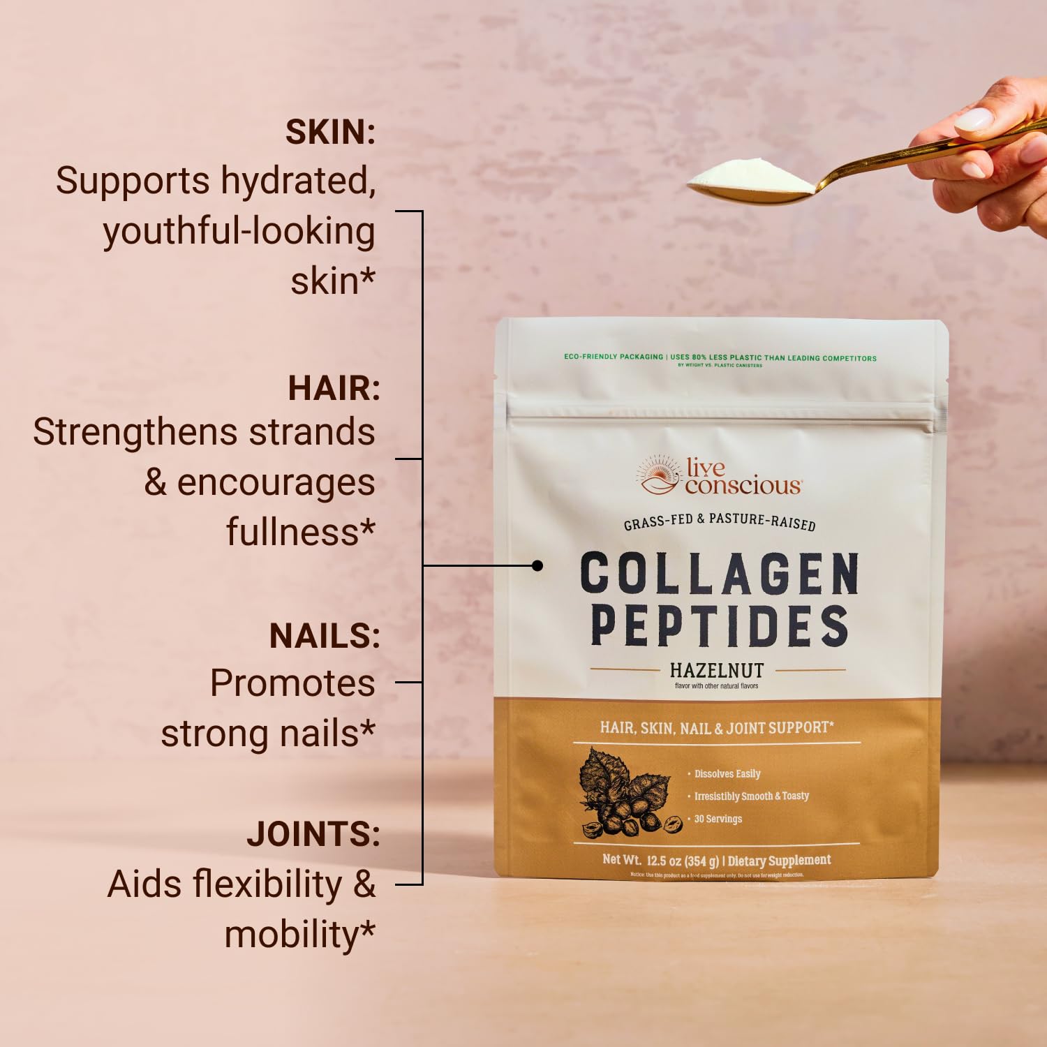 Live Conscious Collagen Peptides Hazelnut prepared drink with smooth texture and flavor