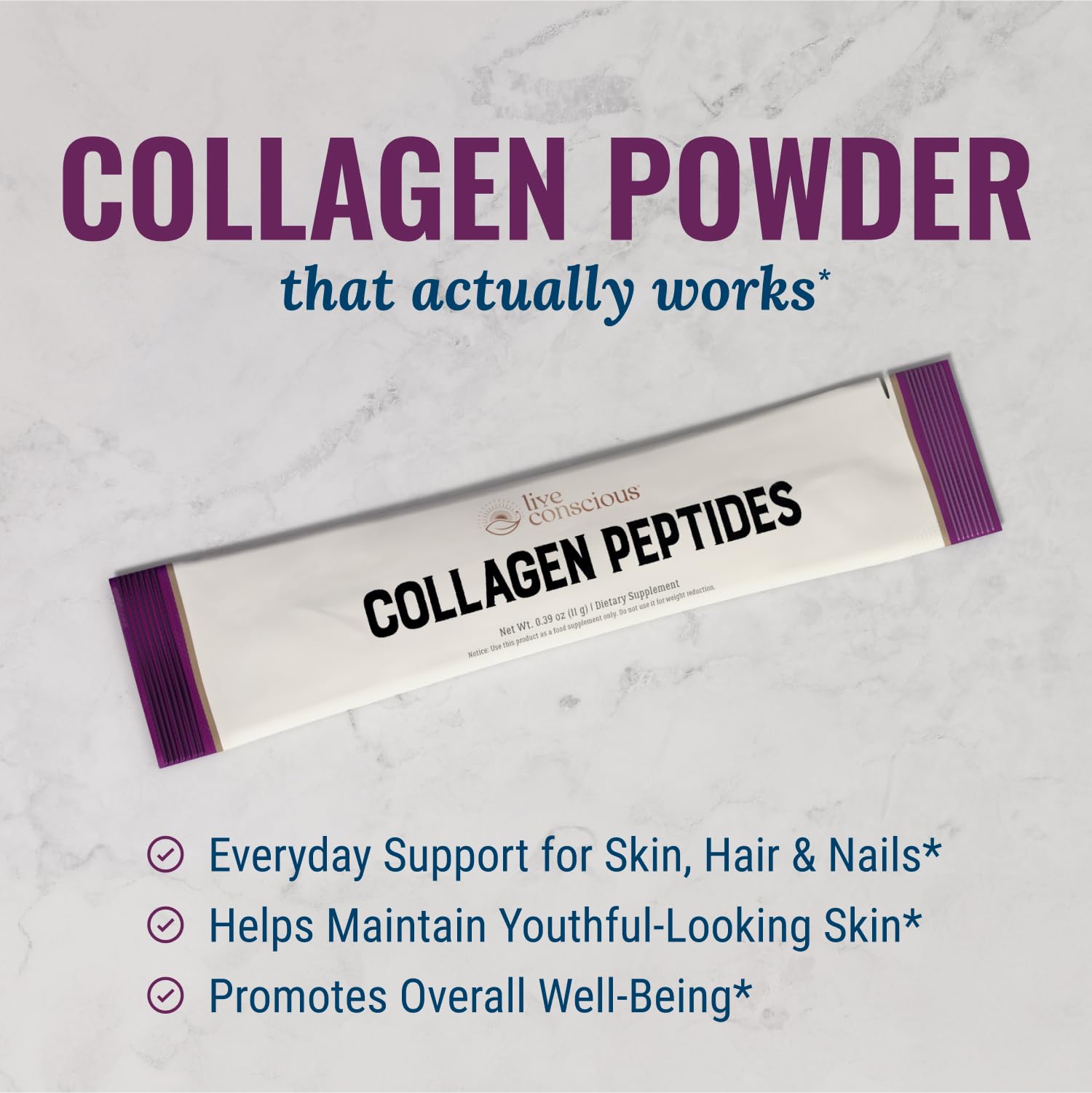 Live Conscious Collagen Peptides packets twist-open for on-the-go use.