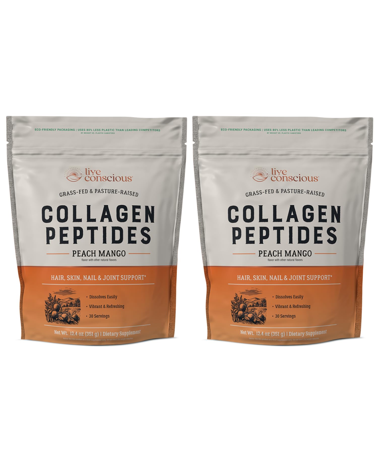 Live Conscious Collagen Peptides Peach Mango bottle—skin and joint support possibilities