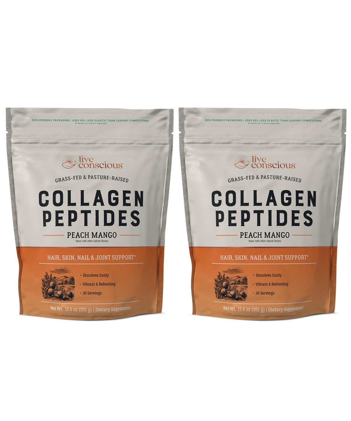 Live Conscious Collagen Peptides Peach Mango bottle—skin and joint support possibilities