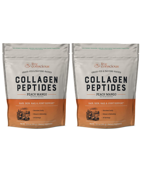 Live Conscious Collagen Peptides Peach Mango bottle—skin and joint support possibilities