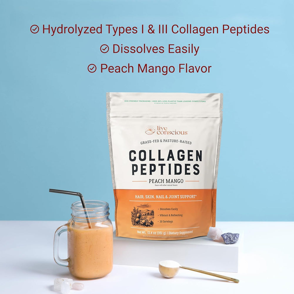 Live Conscious Collagen Peptides Peach Mango label—grass-fed, hydrolyzed collagen details