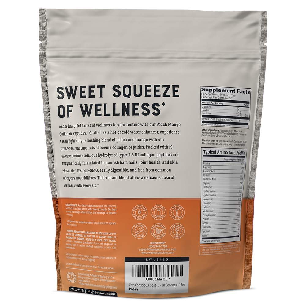 Nutrition facts panel on Live Conscious collagen tub highlighting non-GMO and allergen-free attributes