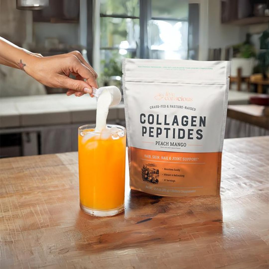 Live Conscious Collagen Peptides Peach Mango pour—easy daily use for beauty and mobility