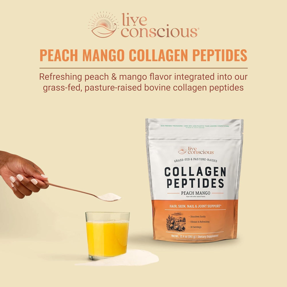 Live Conscious Collagen Peptides Peach Mango scoop—precise daily dosage for convenience