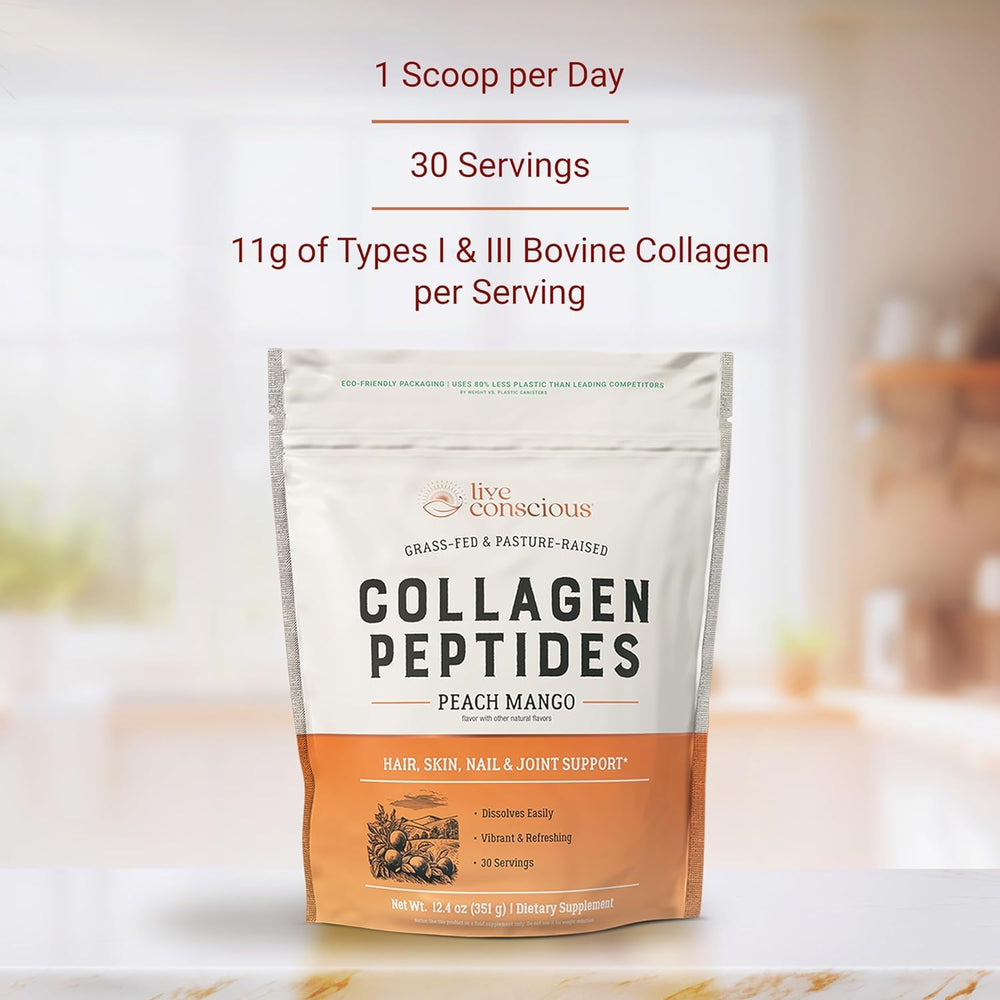 Live Conscious Collagen Peptides Peach Mango shake glass—flavorful option for everyday wellness