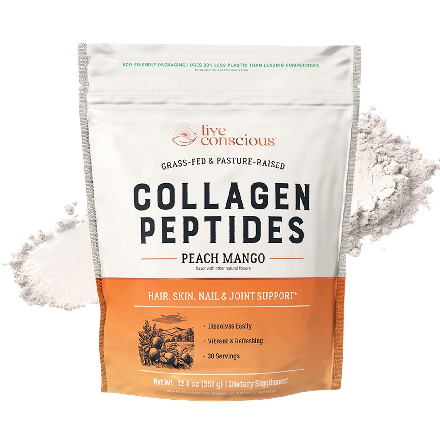 Live Conscious Collagen Peptides Peach Mango tub front, flavor preview and packaging
