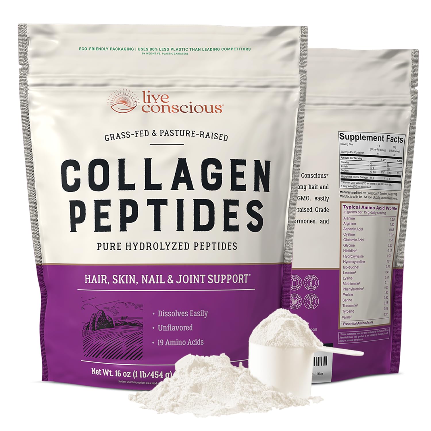 Live Conscious Collagen Peptides bottle closeup showing grass-fed Type I and III powder