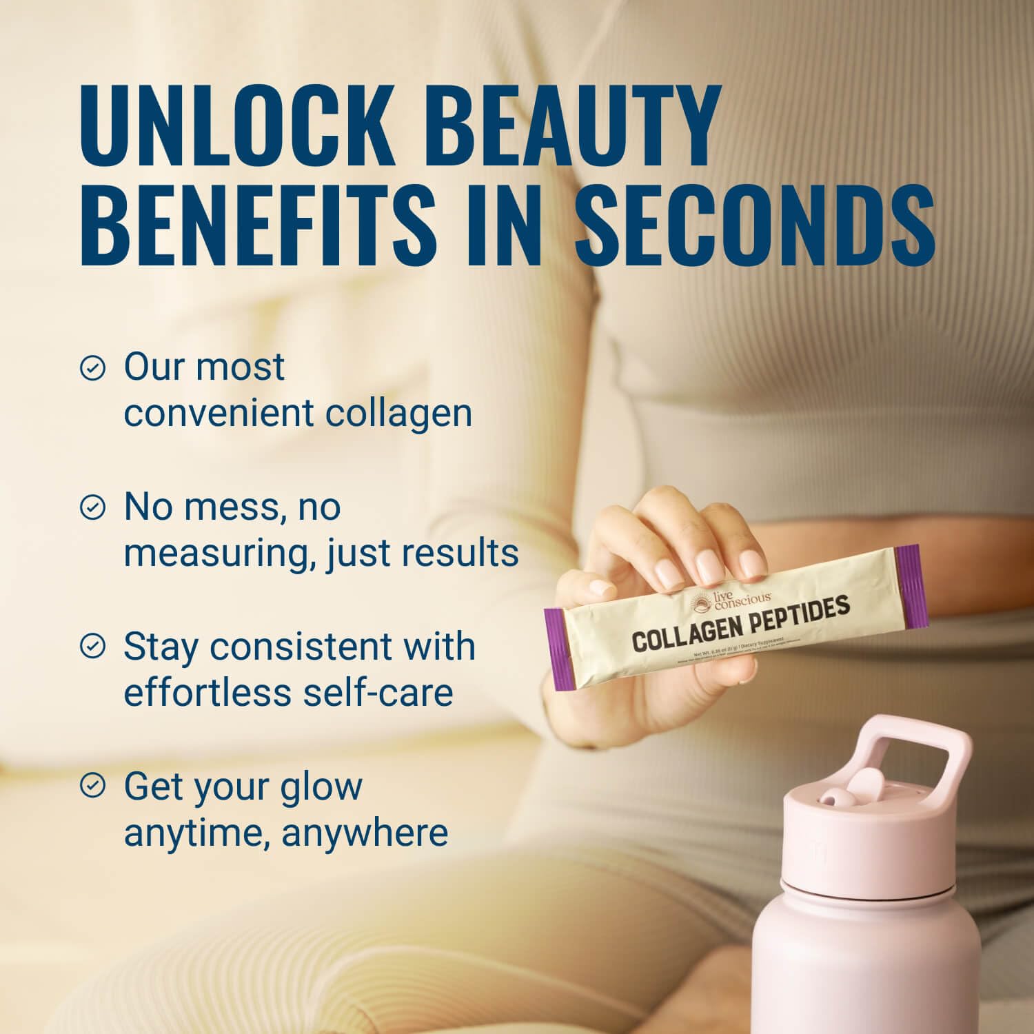 Live Conscious Collagen Peptides powder in glass ready-to-mix