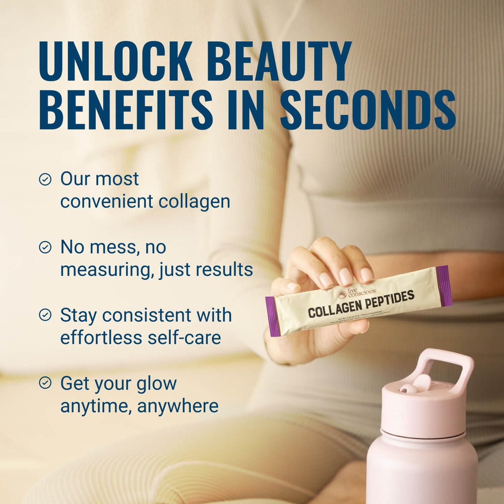 Live Conscious Collagen Peptides powder in glass ready-to-mix