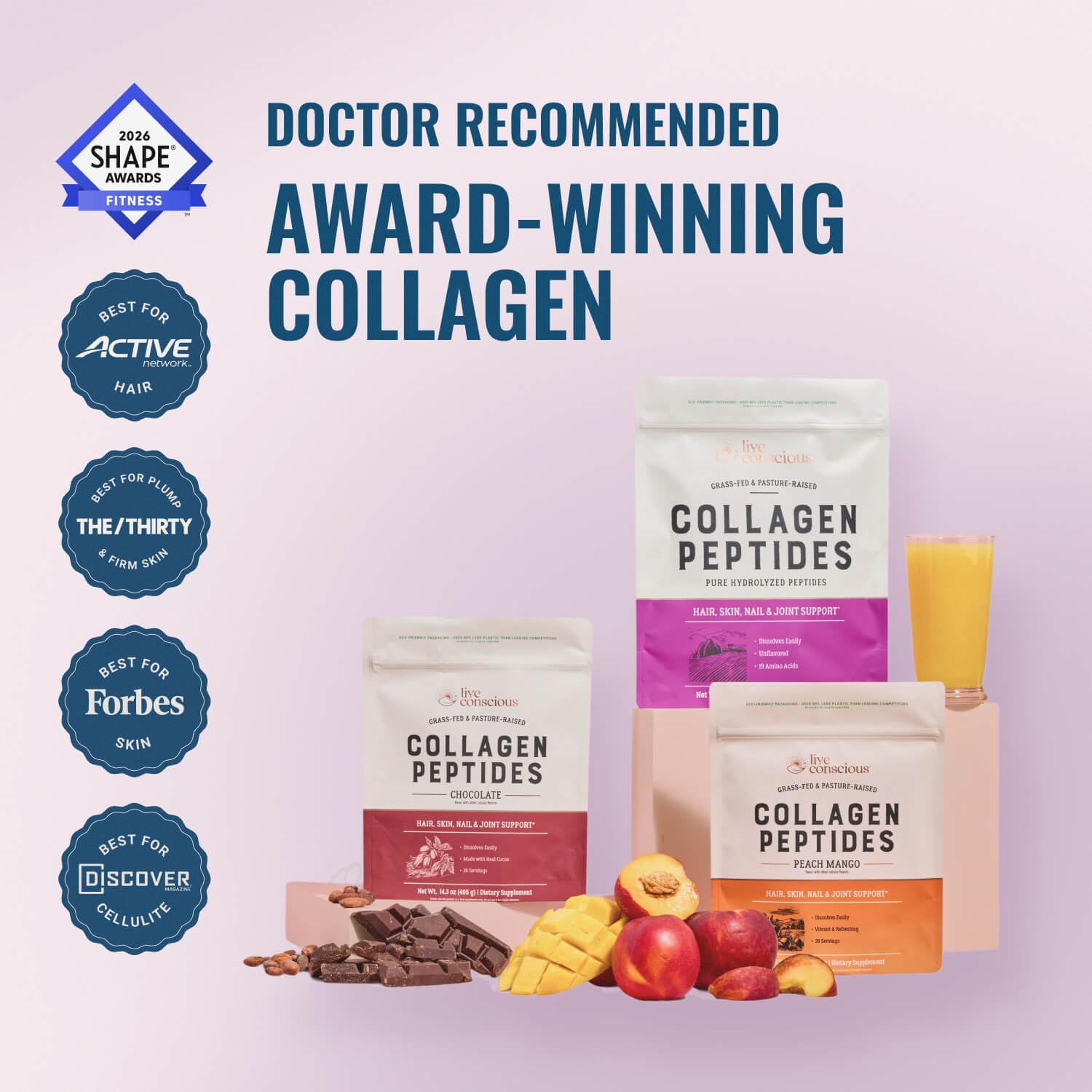 Live Conscious Collagen Peptides label closeup displaying grass-fed sourcing