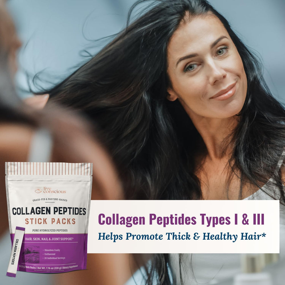 Live Conscious Collagen Peptides powder texture closeup ideal for mixing.