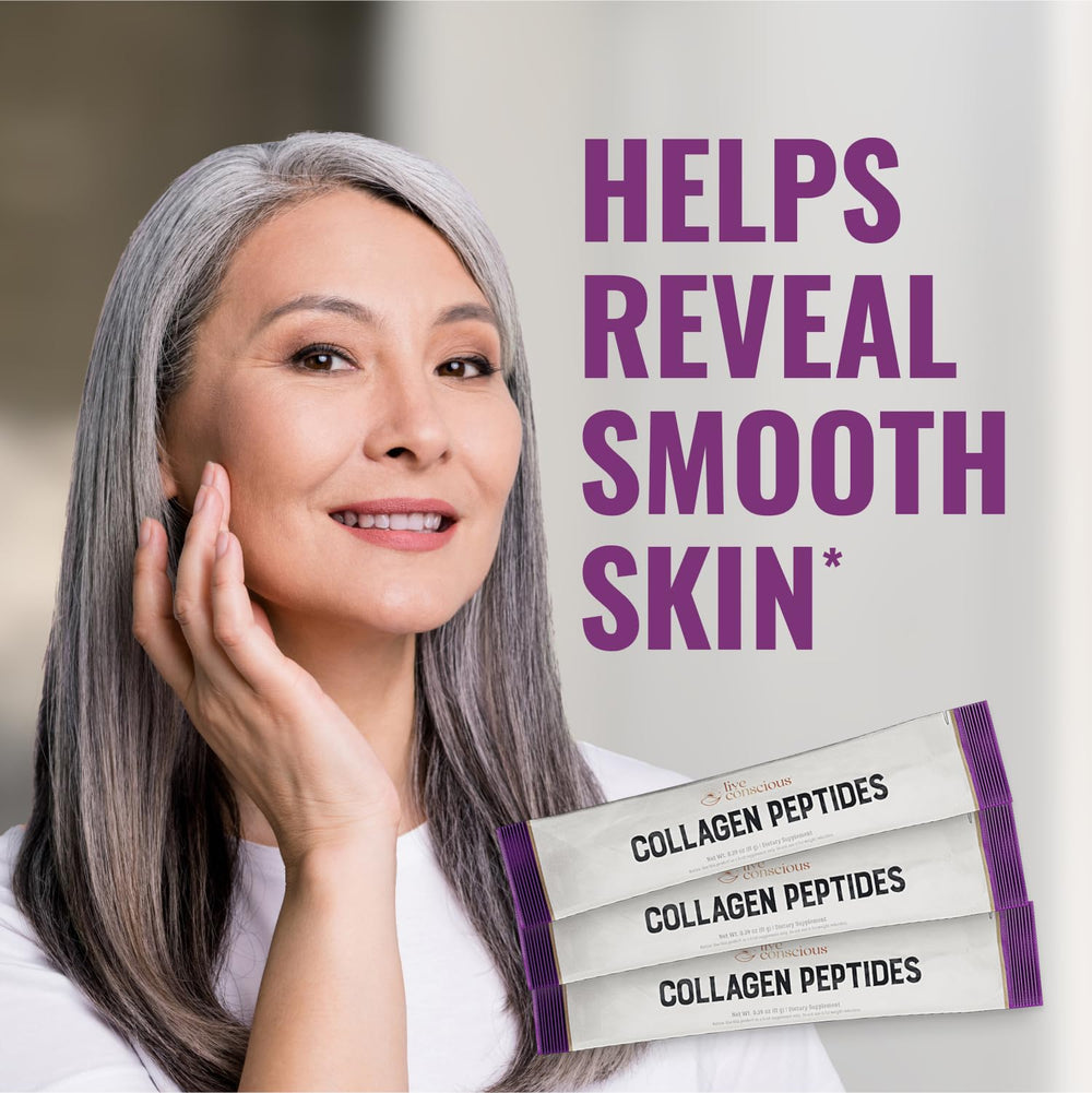 Live Conscious Collagen Peptides shake in glass for versatile beverages.