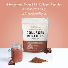 Live Conscious Collagen Peptides Chocolate bottle highlighting skin, hair, nails benefits