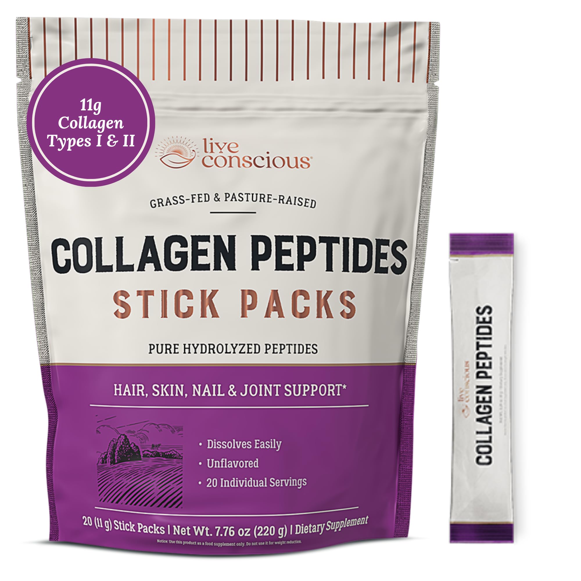 Live Conscious Collagen Peptides unflavored packets packaging for daily use.