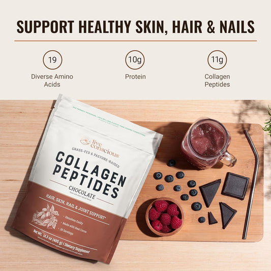 Live Conscious collagen powder chocolate dissolves smoothly in liquids for easy mixing