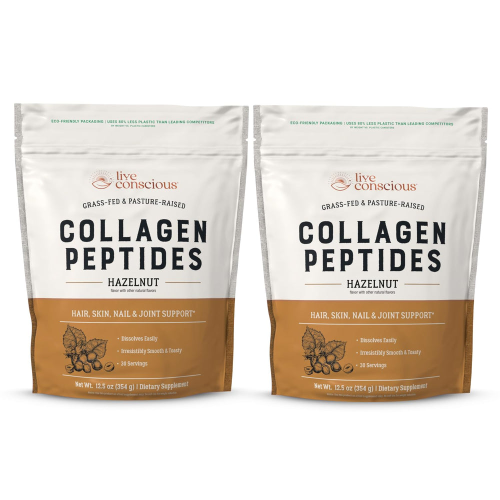 Live Conscious Collagen Powder hazelnut bottle shows premium grass-fed collagen types I & III for skin, hair, nails.
