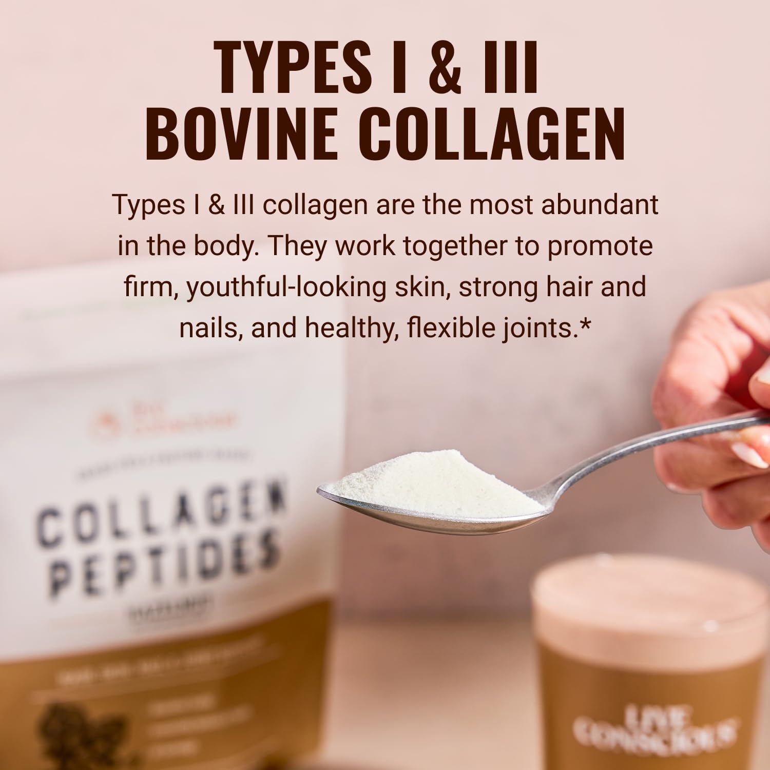 Live Conscious Collagen Powder hazelnut label emphasizes non-GMO and allergen-free profile.