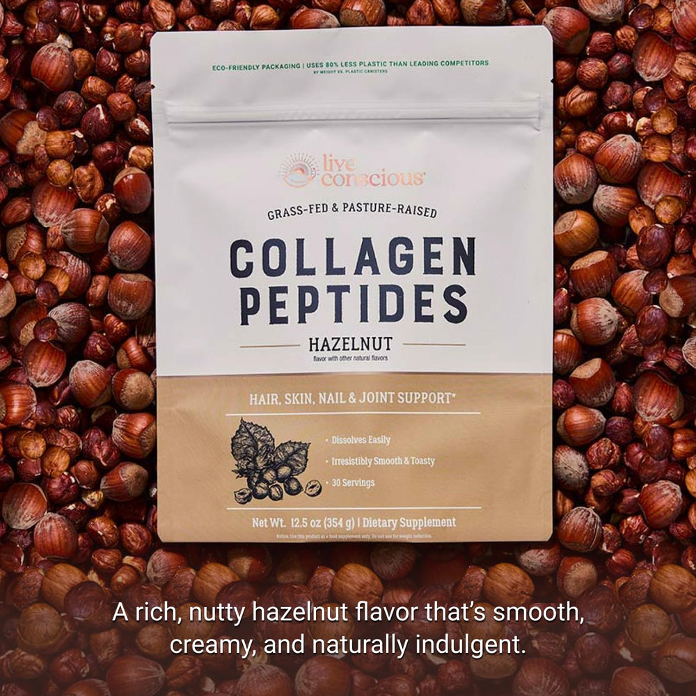 Live Conscious Collagen Powder hazelnut scoop highlights convenient daily dosing for consistent use.