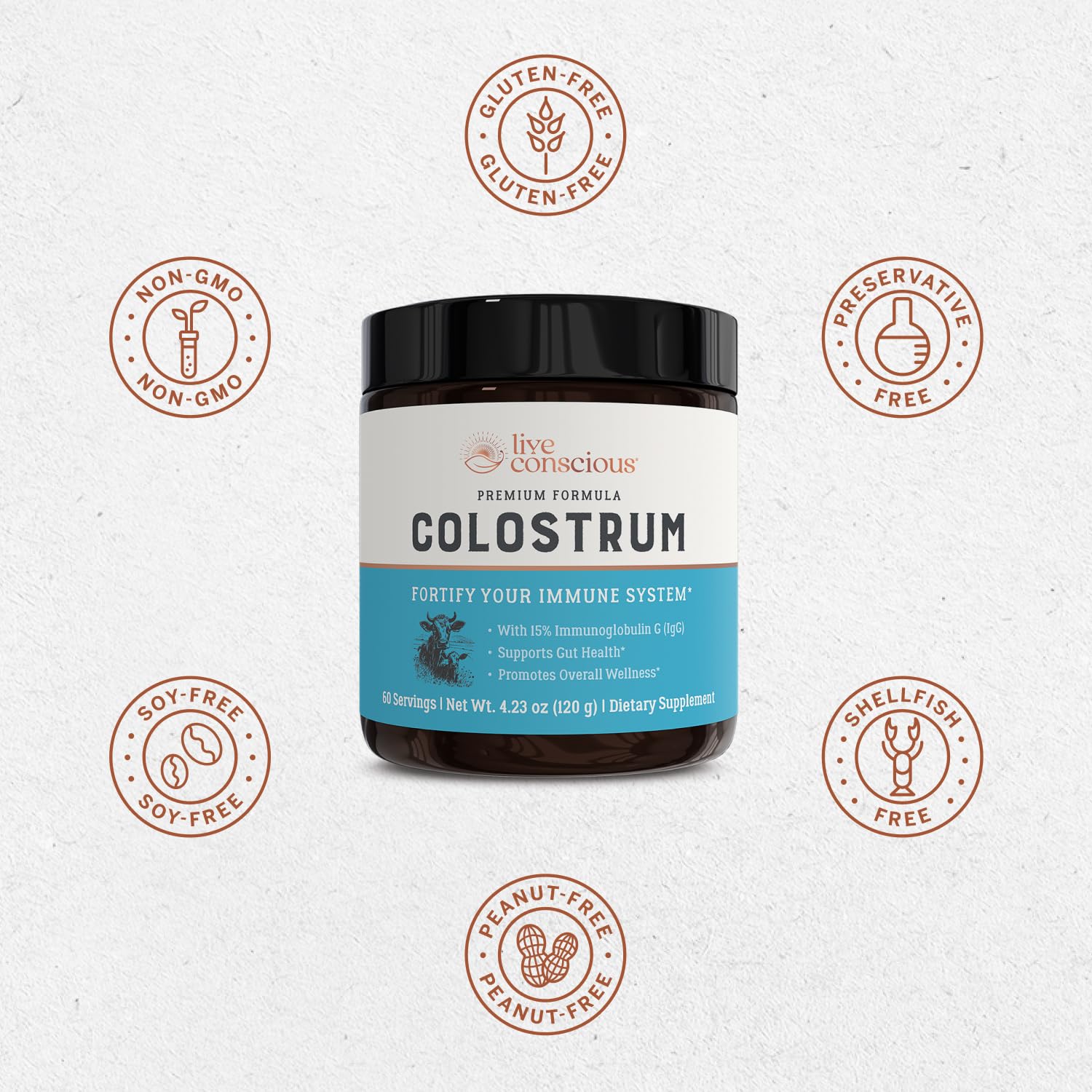Live Conscious colostrum powder in white bowl showing fine texture.