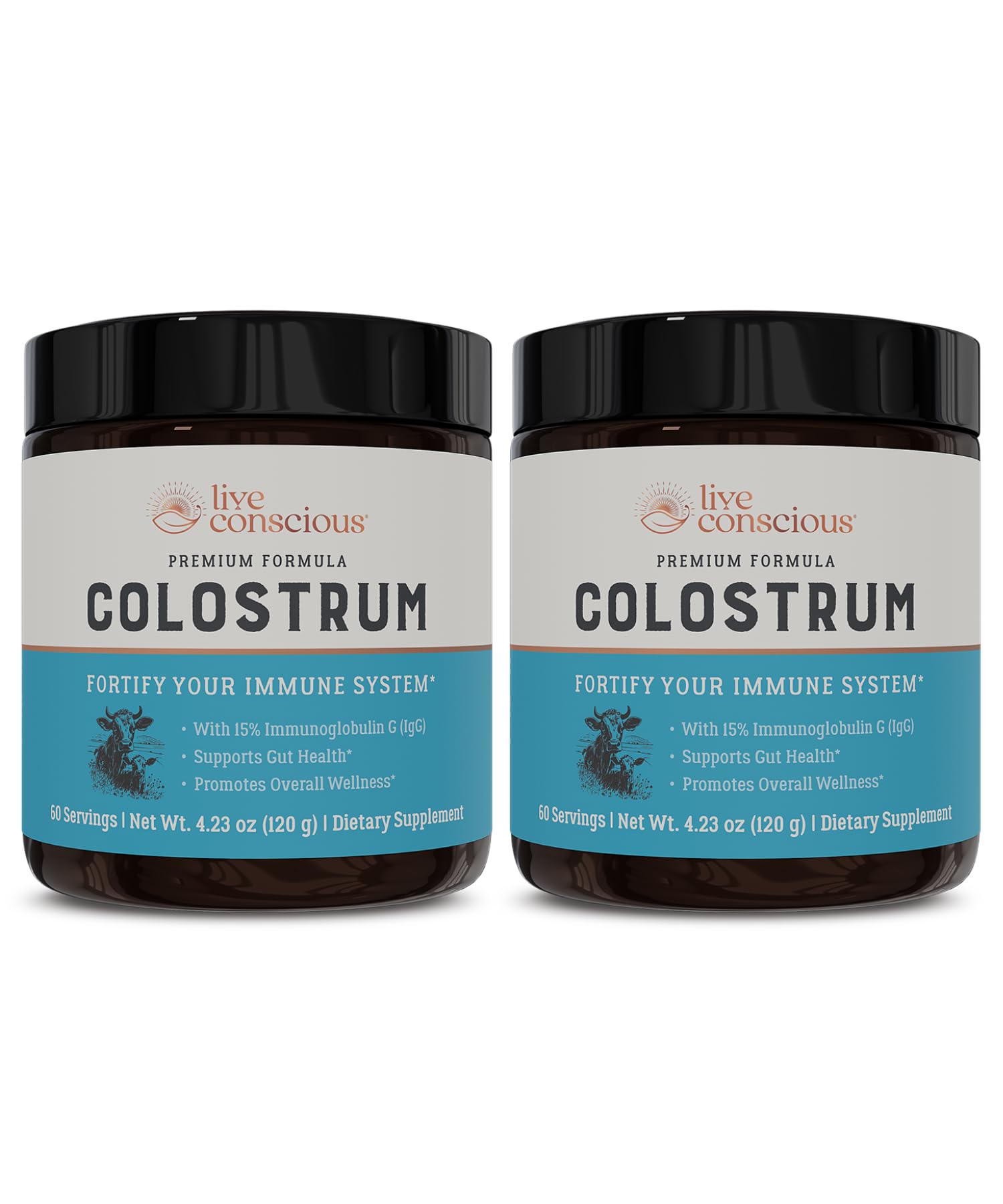 Live Conscious colostrum powder bottle on the counter for daily immune support.