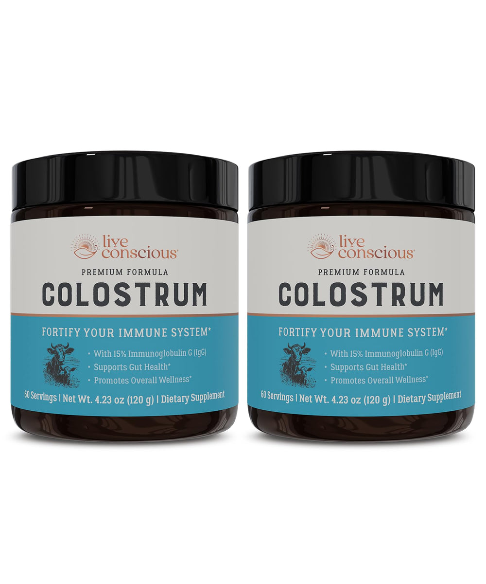 Live Conscious colostrum powder bottle on the counter for daily immune support.