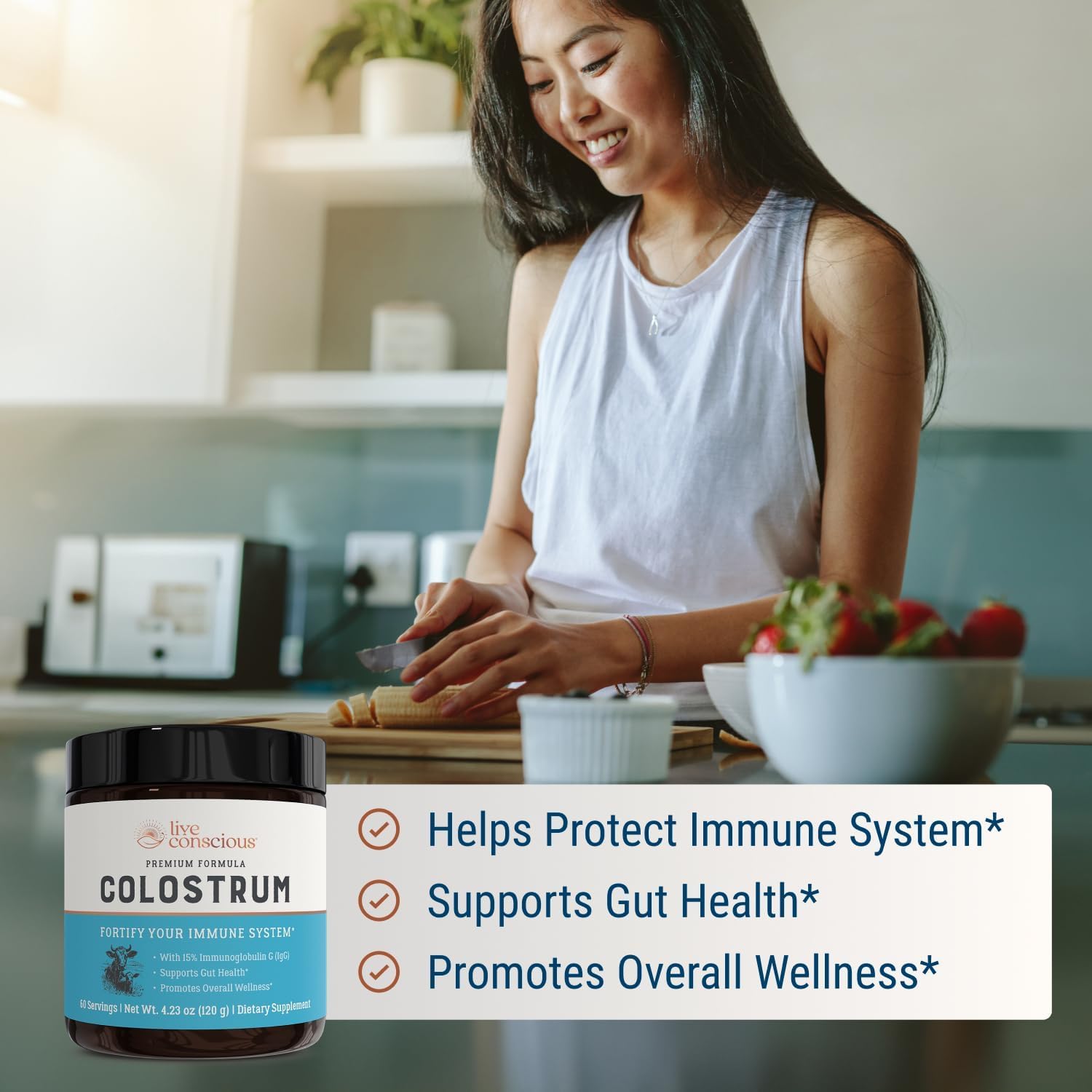 Live Conscious colostrum powder measuring spoon with clear dosage.