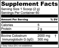 Live Conscious colostrum powder on kitchen counter with glass of water.