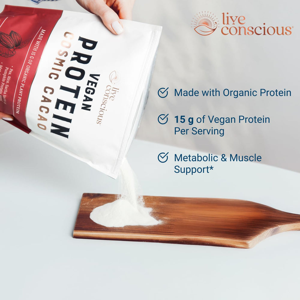 Live Conscious Cosmic Cacao bag-open image highlights plant-based protein blend and clean ingredients.