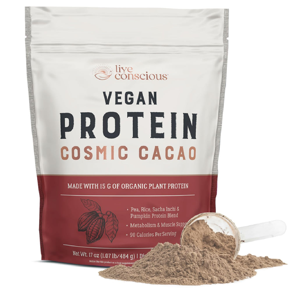 Live Conscious Cosmic Cacao protein powder jar for smooth shakes and post-workout nourishment.